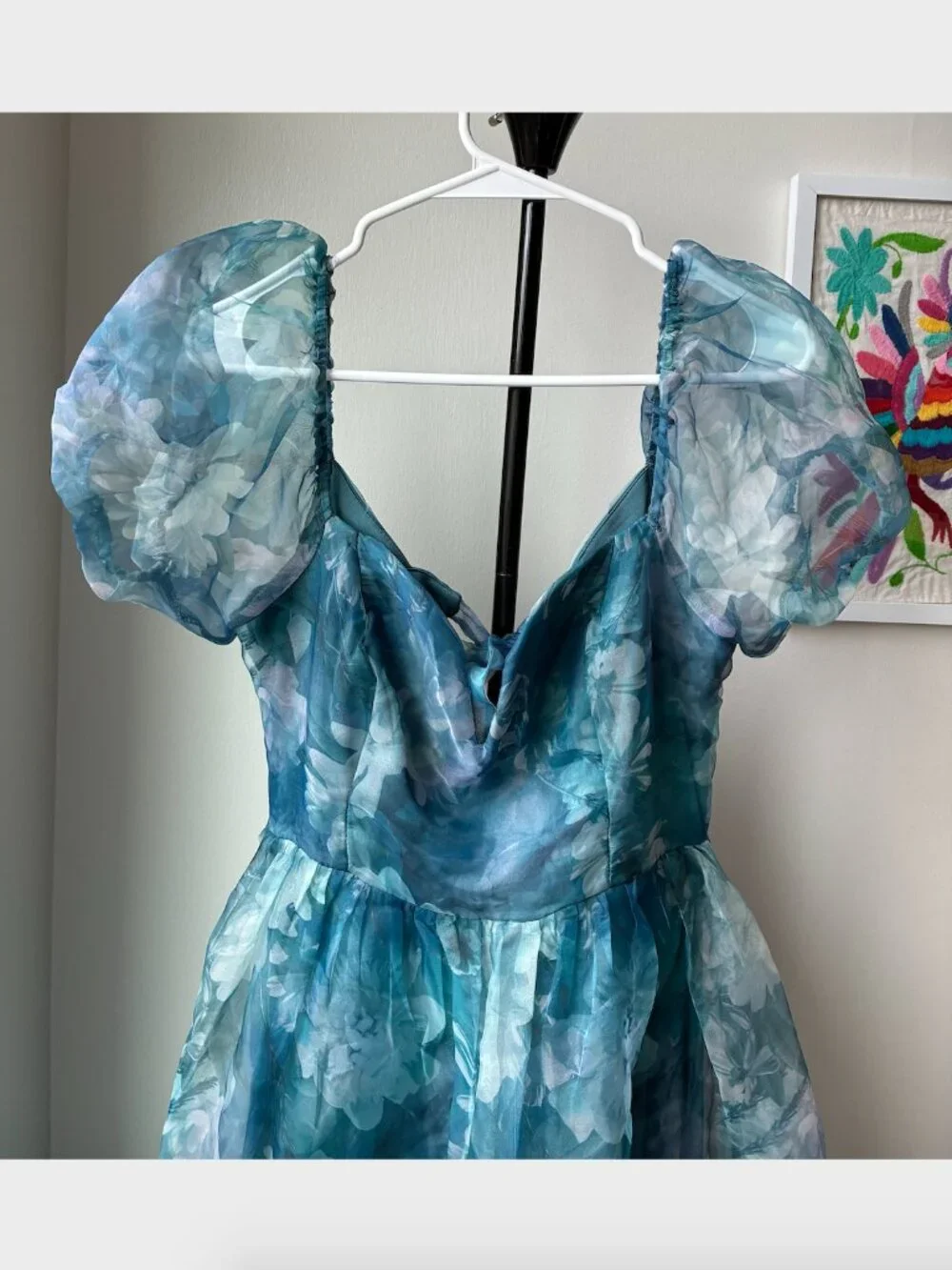 Lulus Lovely Statement Teal Blue Floral Organza Tie-Back Midi Dress - Size M - Picture 7 of 16